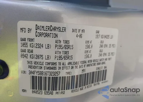 2006 Chrysler Pt Cruiser Touring из США, поврежденный, VIN 3A4FY58B16T323257